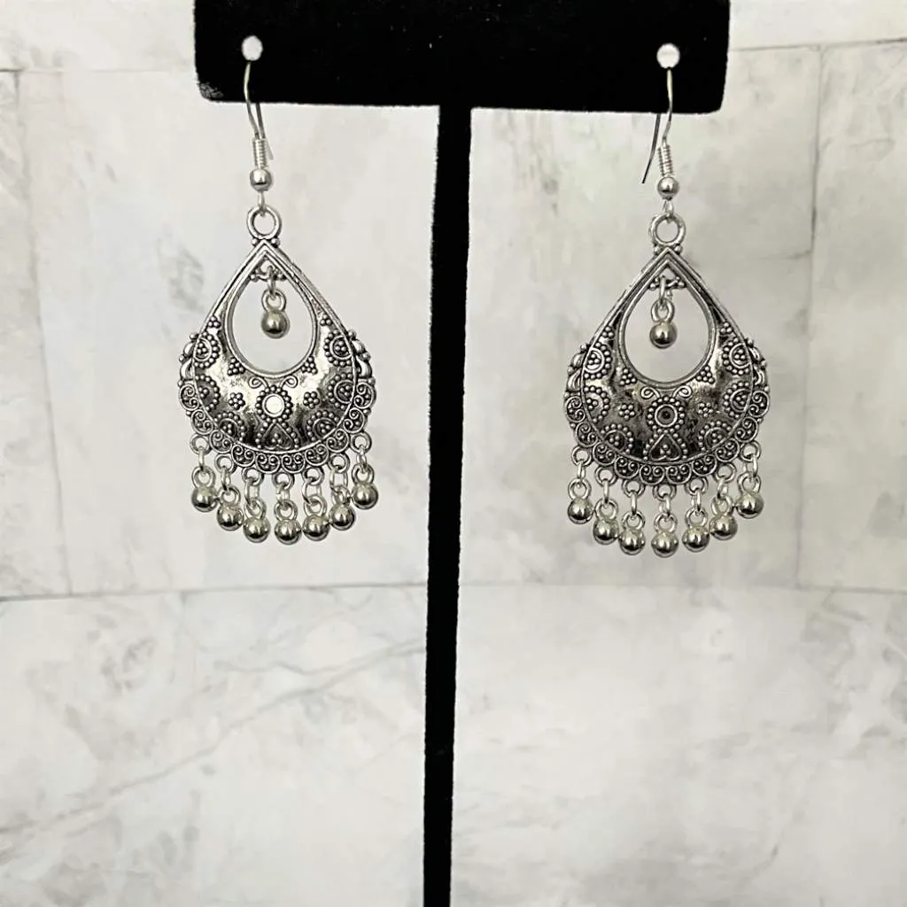 Silver Crescent Long Dangle Earrings