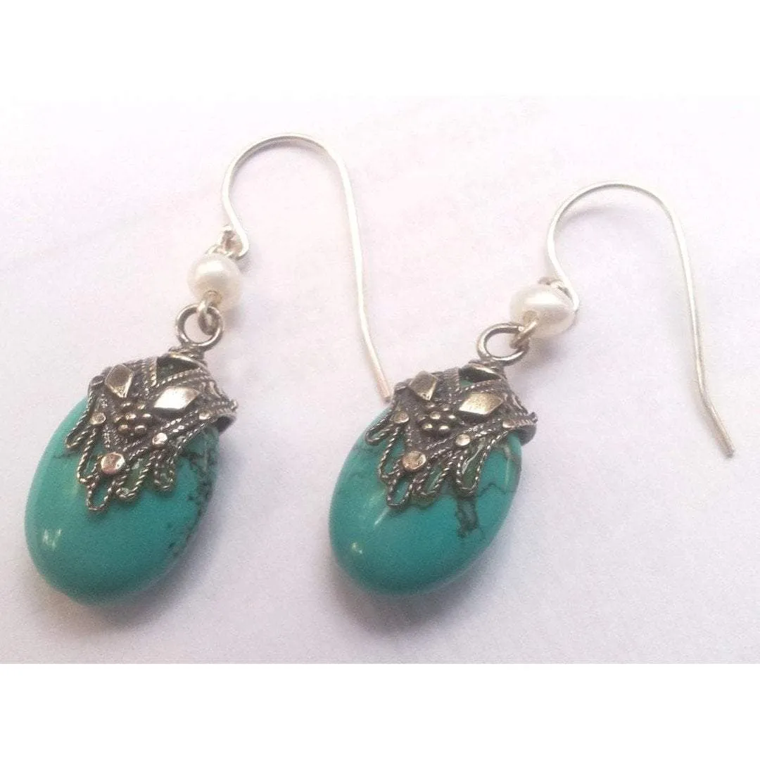 Silver earrings / earrings for woman / Silver Ethnic Earrings Hamssah Filigree Turquoise & Pearl