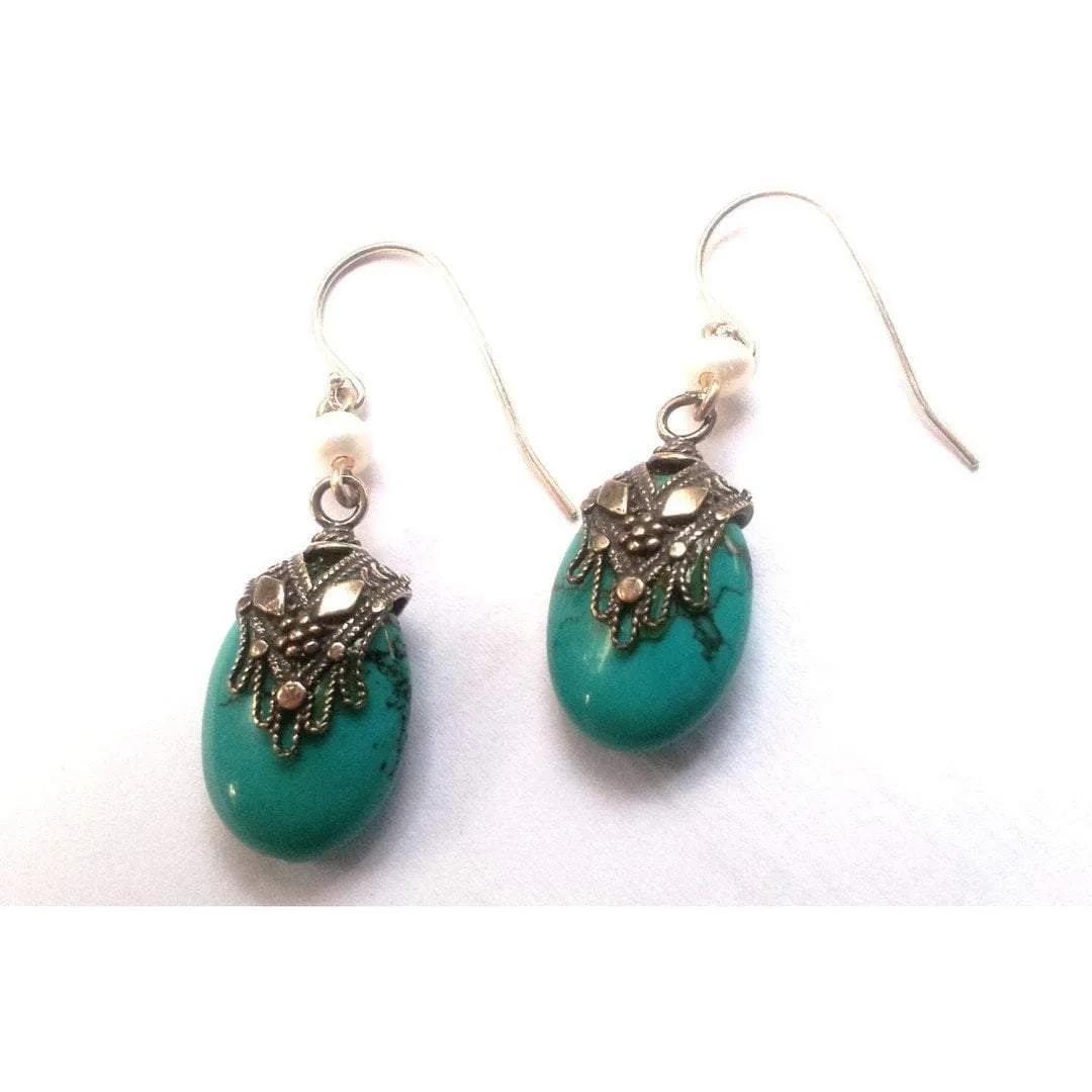 Silver earrings / earrings for woman / Silver Ethnic Earrings Hamssah Filigree Turquoise & Pearl