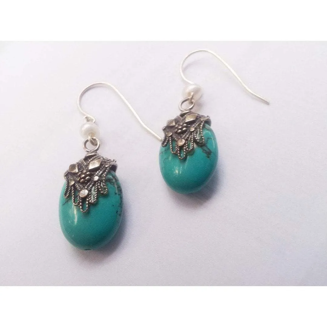 Silver earrings / earrings for woman / Silver Ethnic Earrings Hamssah Filigree Turquoise & Pearl