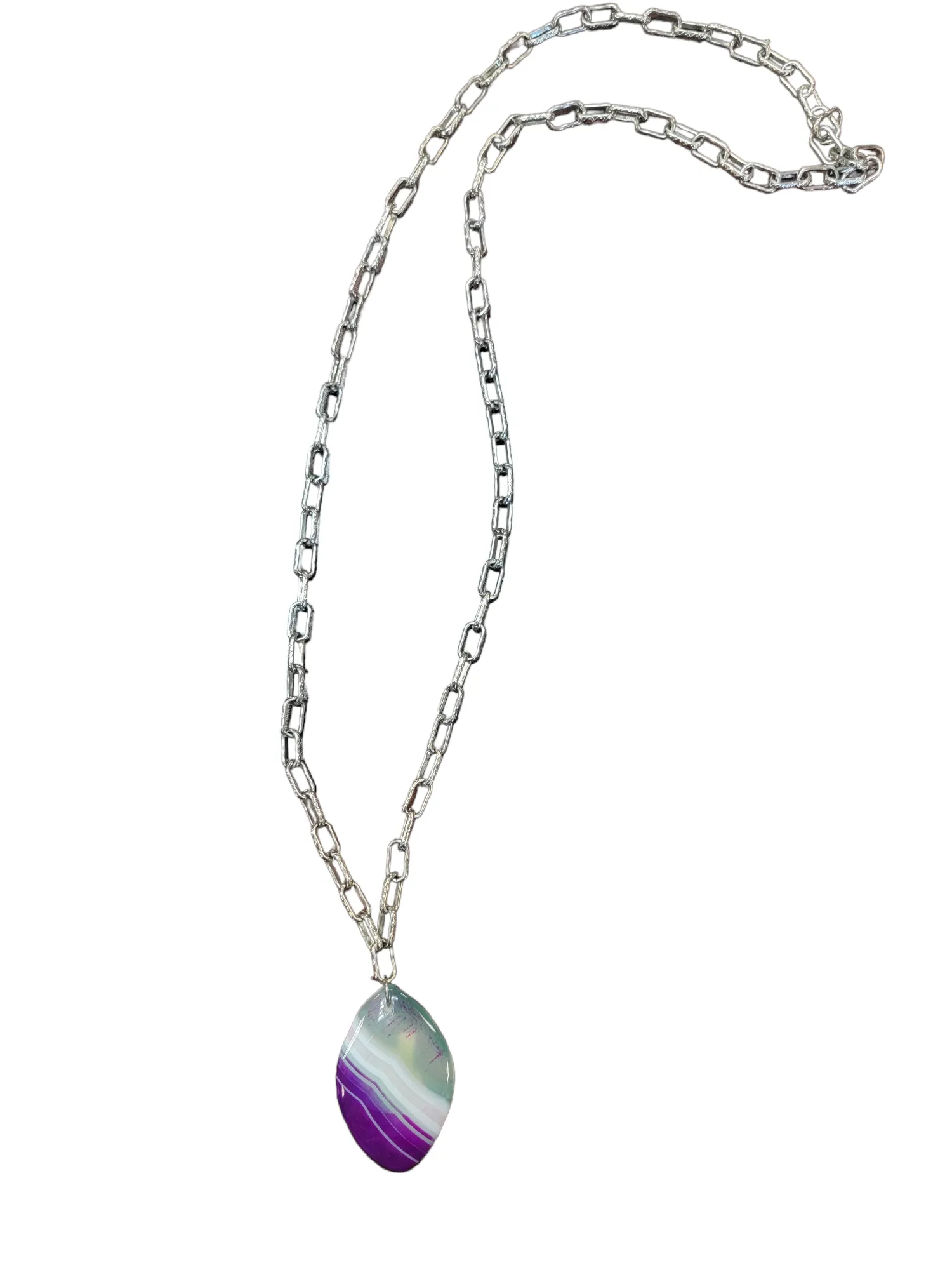 Silver Purple and Green Gemstone Pendant Long Chain Necklace