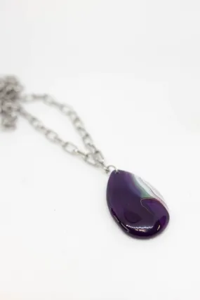 Silver Purple and Green Gemstone Pendant Long Chain Necklace