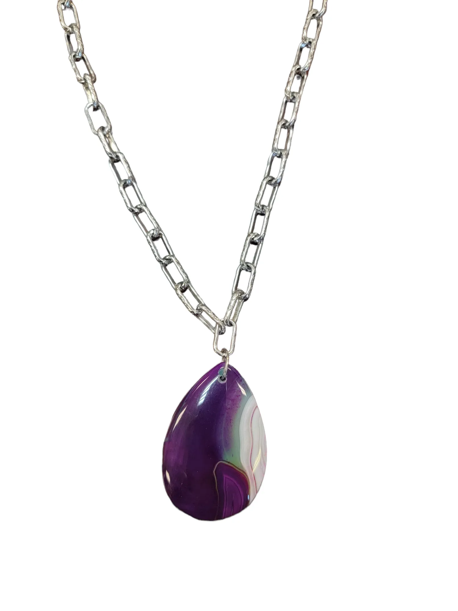 Silver Purple and Green Gemstone Pendant Long Chain Necklace