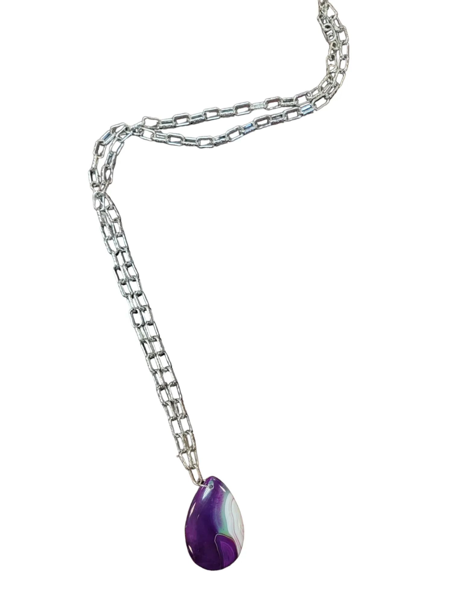 Silver Purple and Green Gemstone Pendant Long Chain Necklace