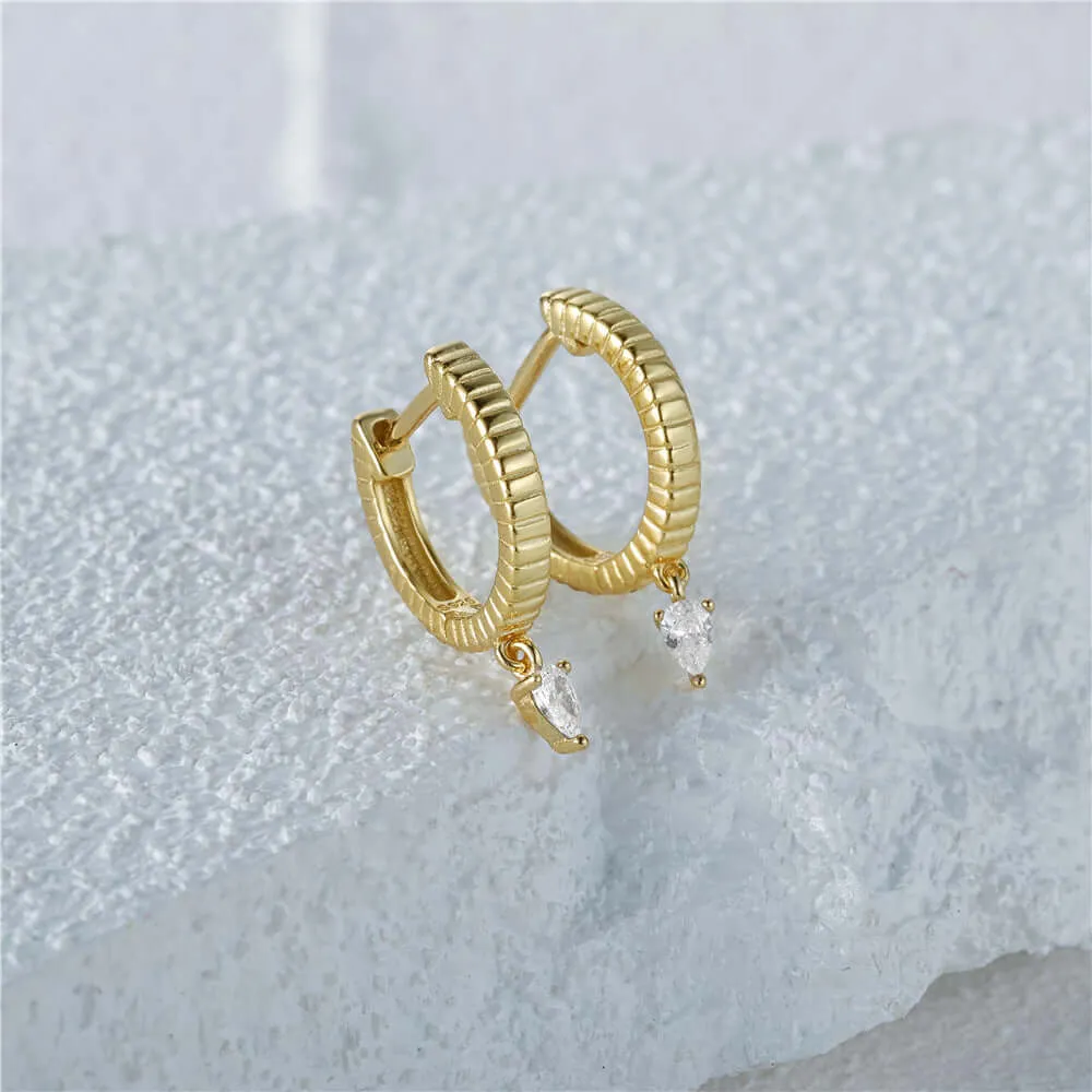 Simple Water Drop with CZ Diamond Huggie Hoop Earrings