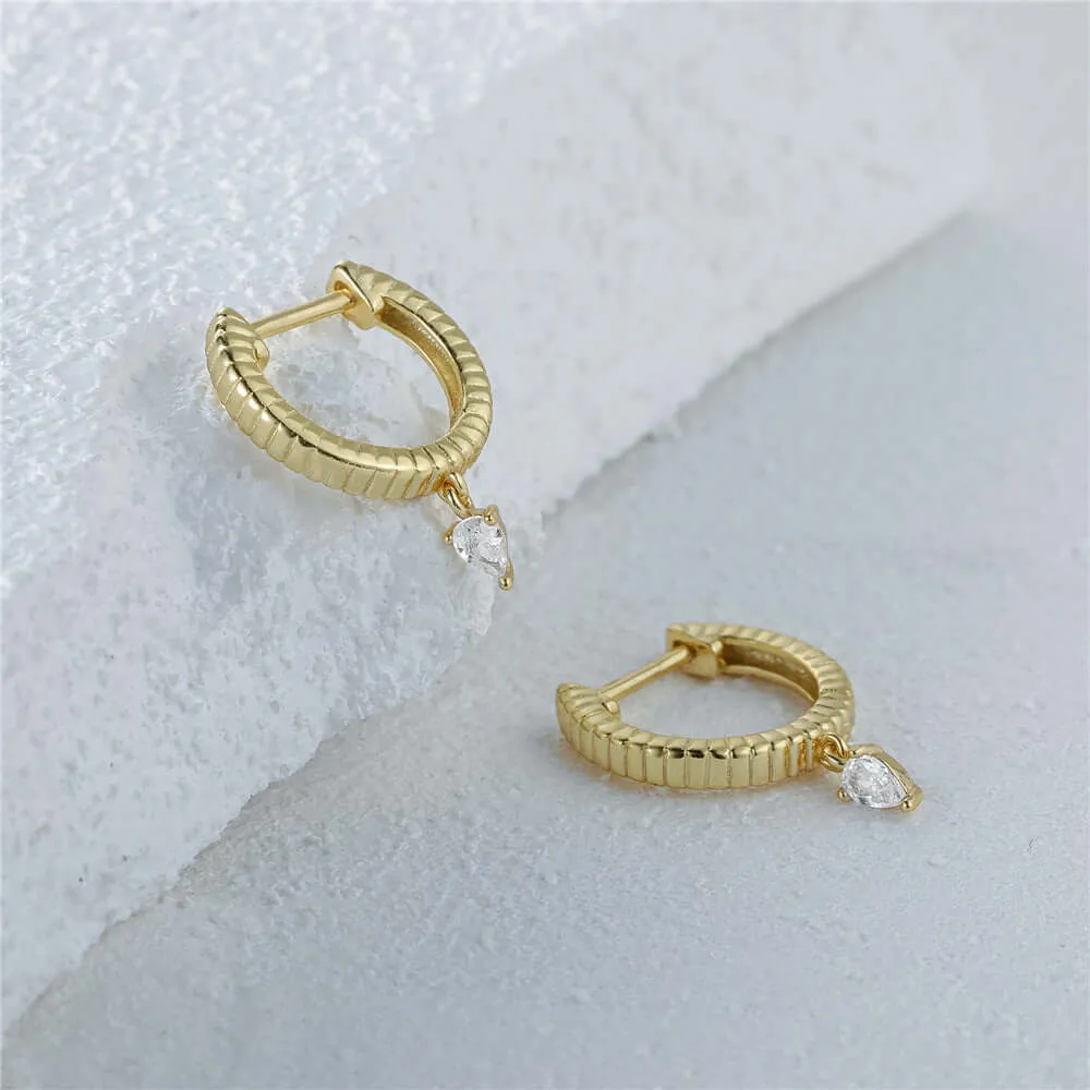 Simple Water Drop with CZ Diamond Huggie Hoop Earrings