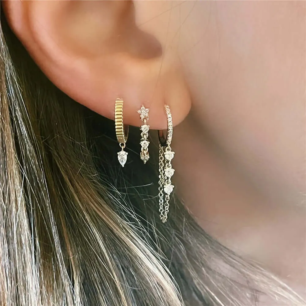 Simple Water Drop with CZ Diamond Huggie Hoop Earrings