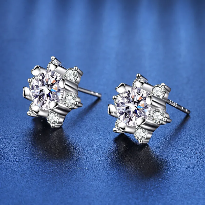 Snowflake Silver Pin Moissanite Earrings