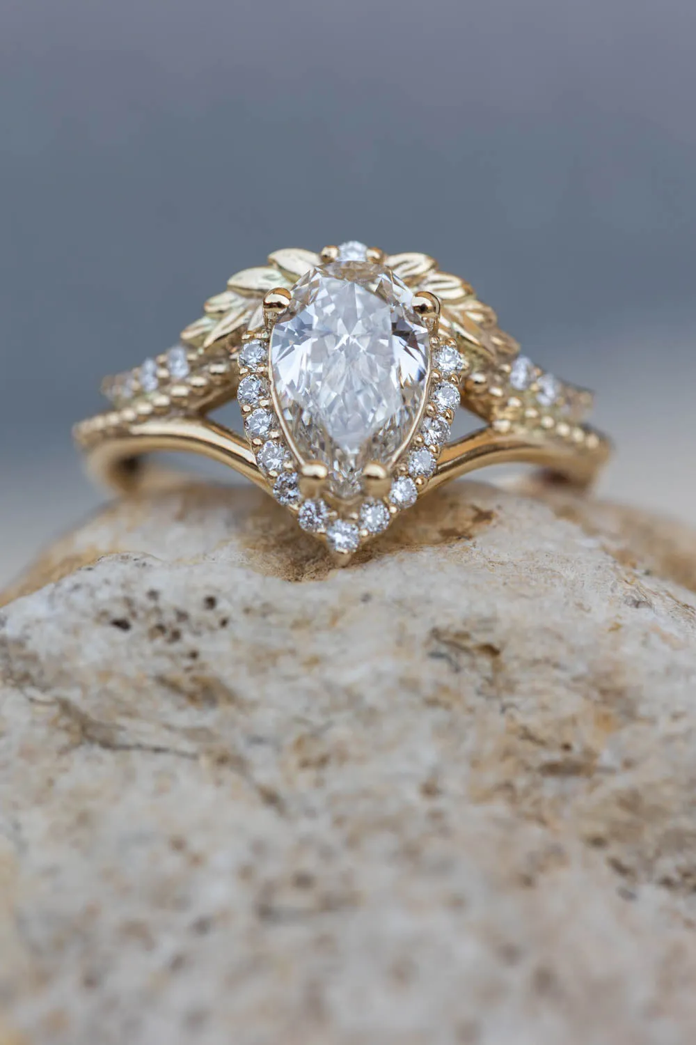 Sparkling lab grown diamond engagement ring, antique style gold ring with diamonds / Lyonella