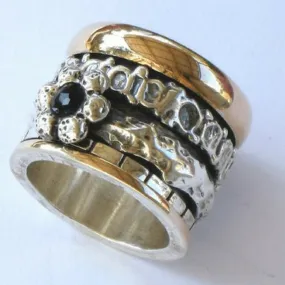 Spinner ring for woman / floral silver gold gemstone / designer jewelry Israeli ring