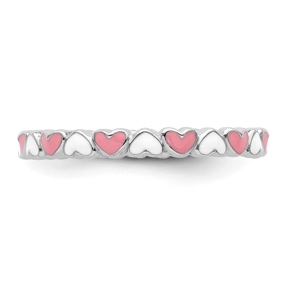 Stackable Expressions Pink & White Enamel Heart Ring in Sterling Silver