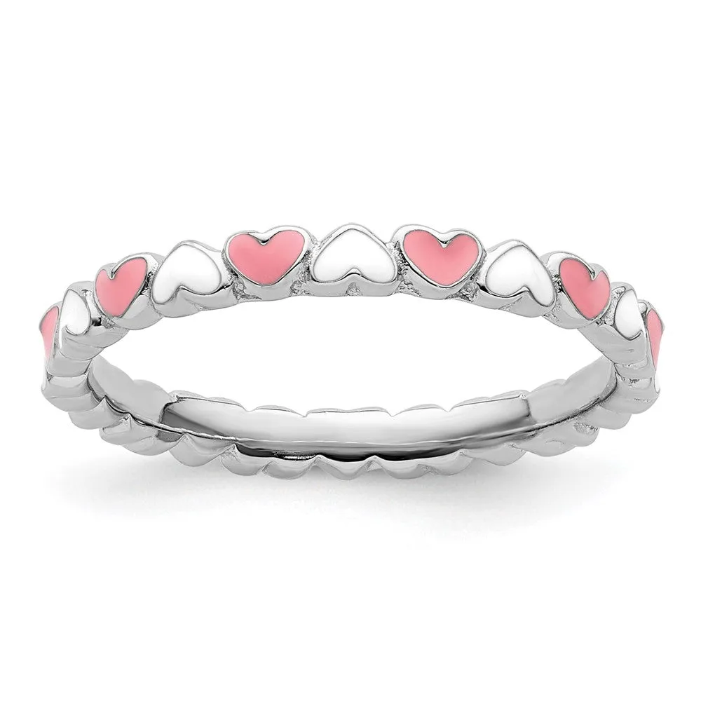 Stackable Expressions Pink & White Enamel Heart Ring in Sterling Silver