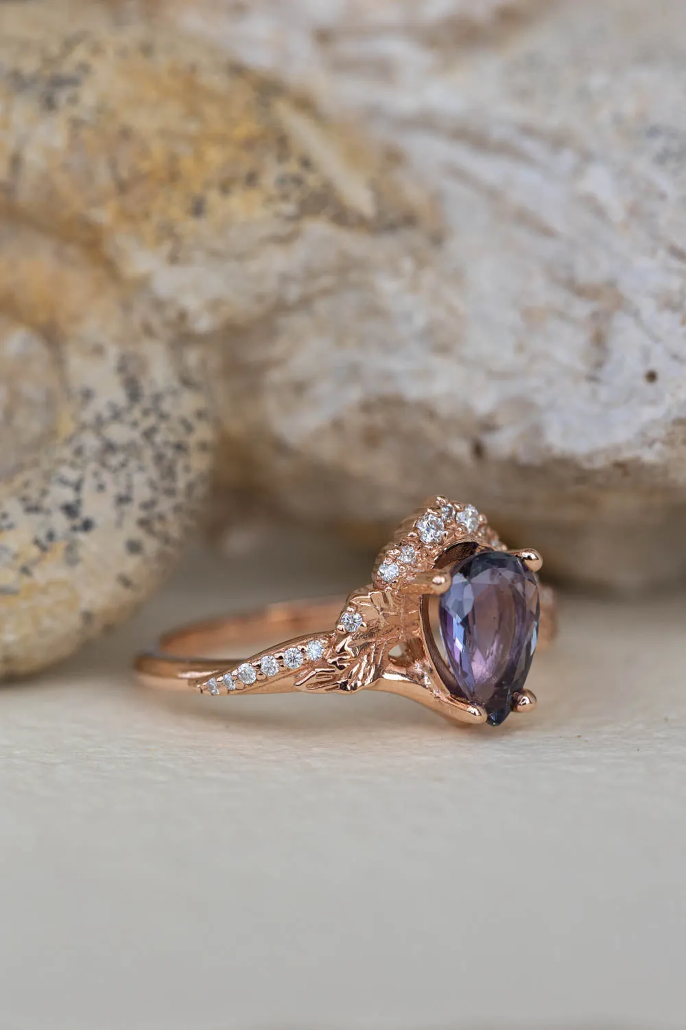 Tanzanite engagement ring set, gold leaves and diamonds proposal ring / Amelia