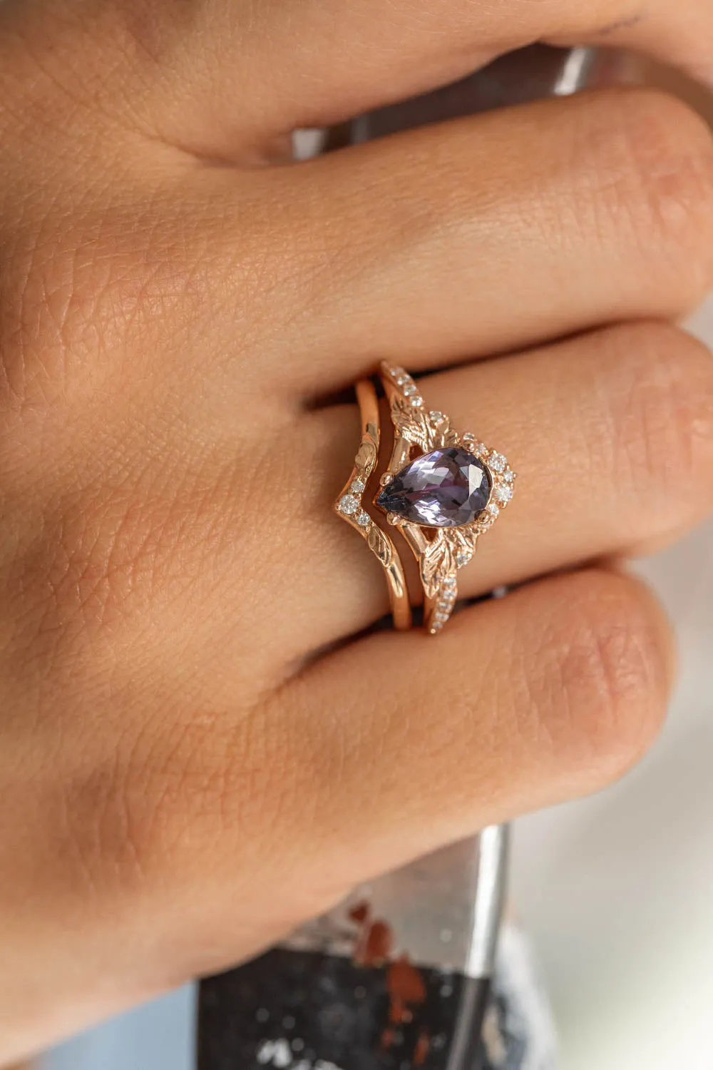 Tanzanite engagement ring set, gold leaves and diamonds proposal ring / Amelia