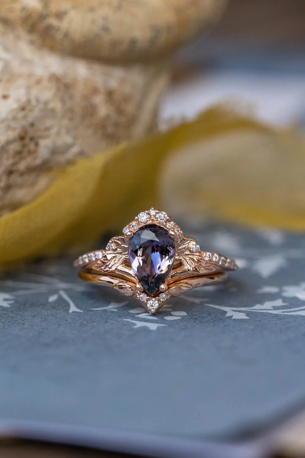 Tanzanite engagement ring set, gold leaves and diamonds proposal ring / Amelia