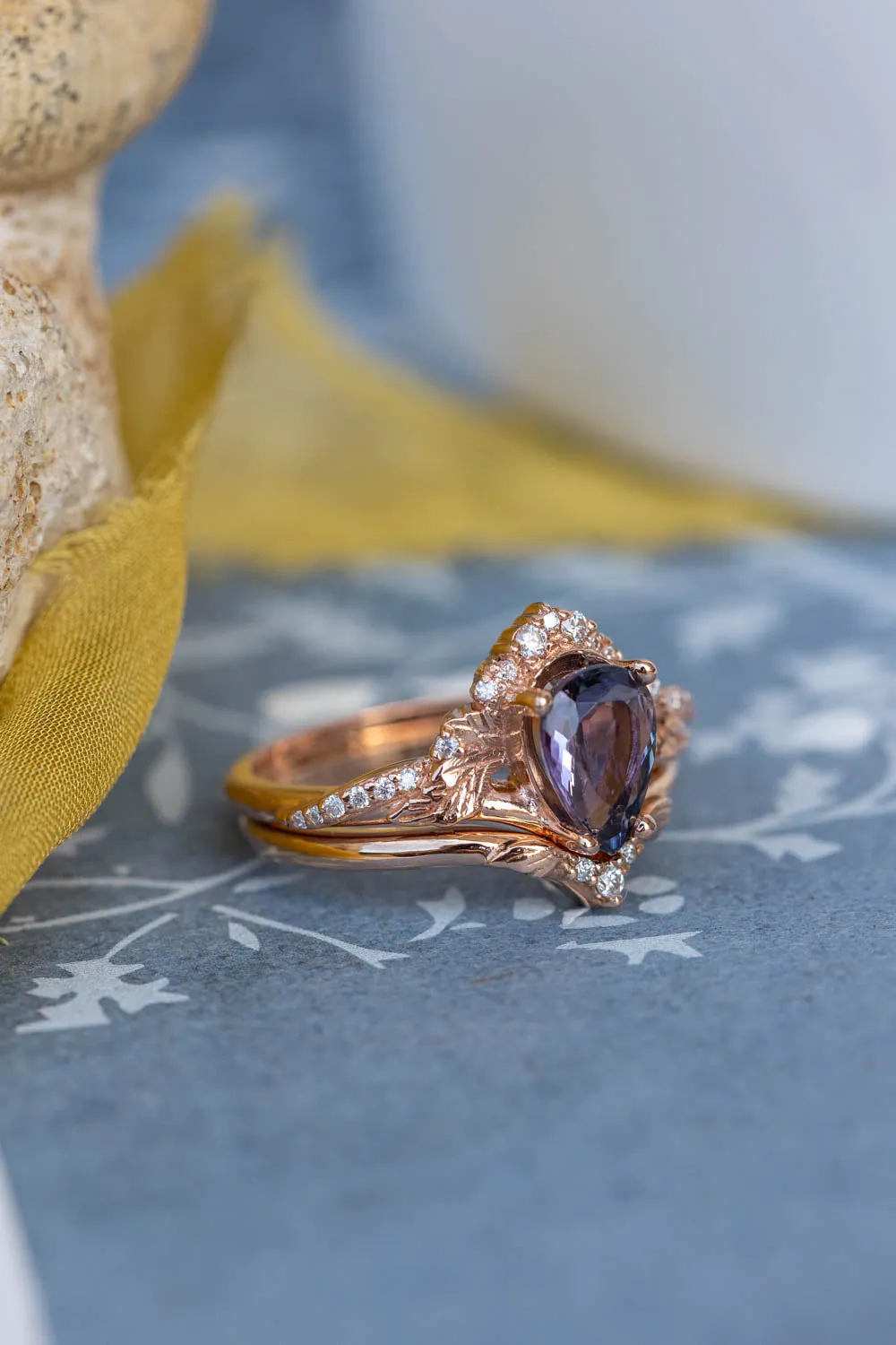 Tanzanite engagement ring set, gold leaves and diamonds proposal ring / Amelia