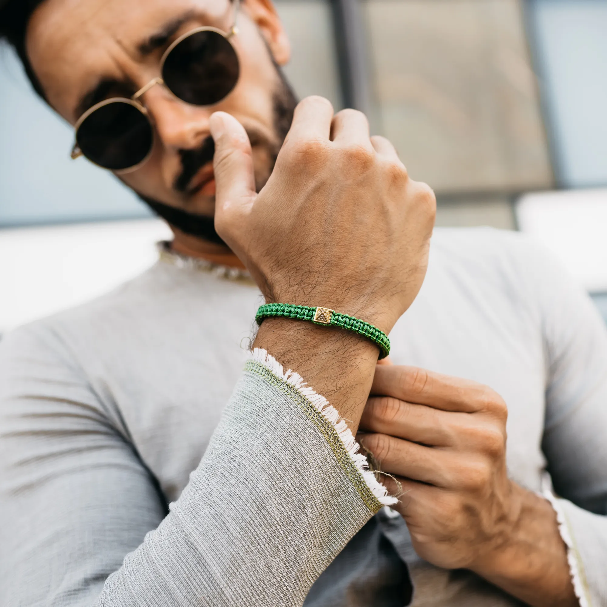 Unisex Green Bracelet - Golden Pyramid with Zircon Diamond