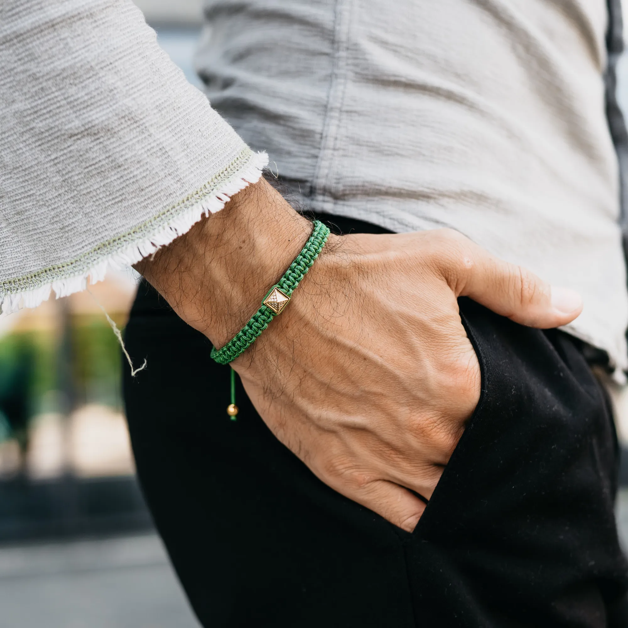 Unisex Green Bracelet - Golden Pyramid with Zircon Diamond