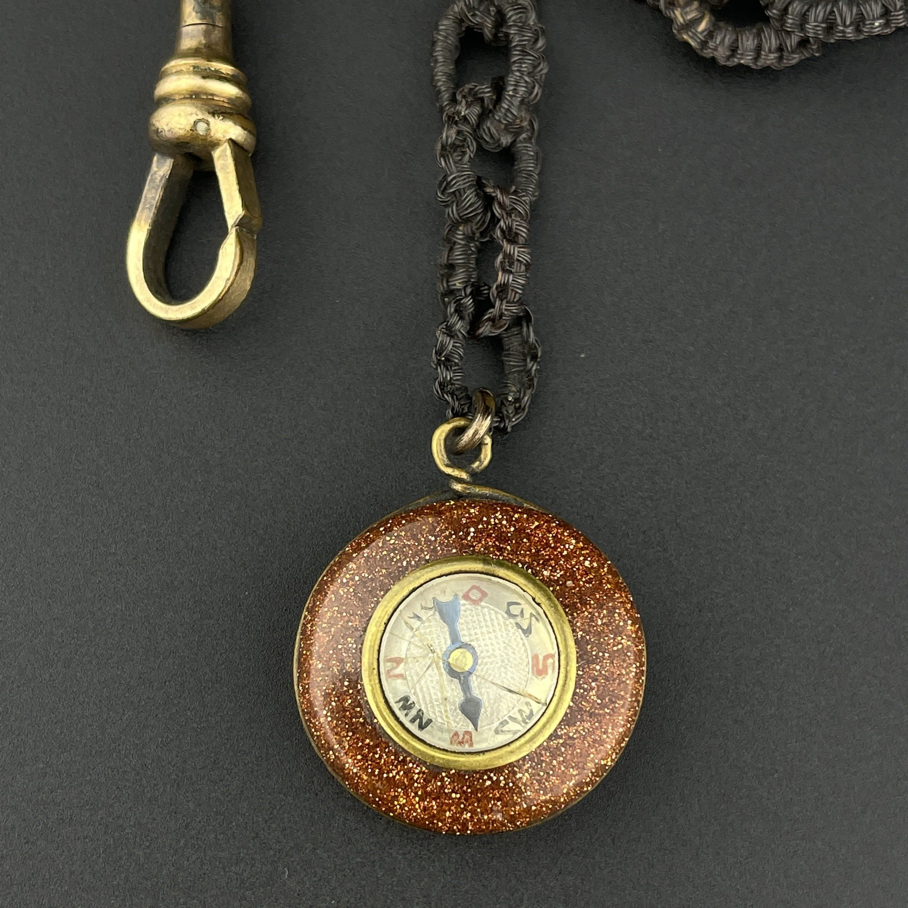 Victorian Horse Hair Working Goldstone Compass Fob Watch Chain