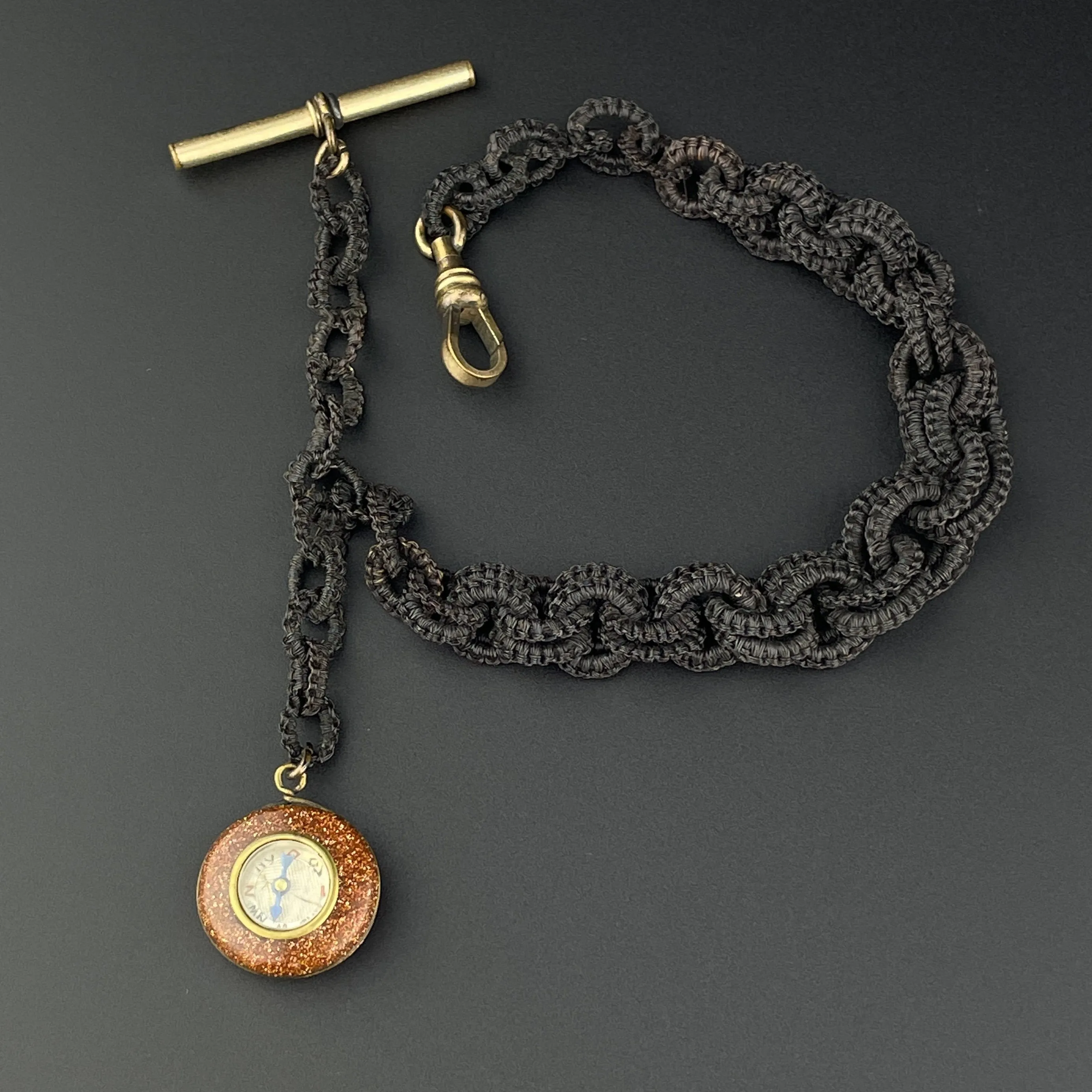 Victorian Horse Hair Working Goldstone Compass Fob Watch Chain