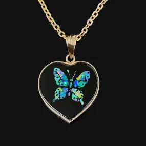 Vintage Black Onyx Heart Opal Butterfly Pendant in 14K Gold