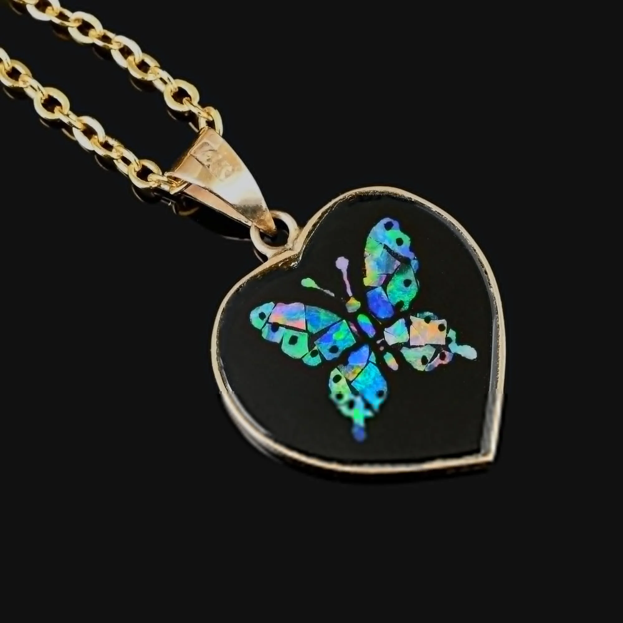 Vintage Black Onyx Heart Opal Butterfly Pendant in 14K Gold