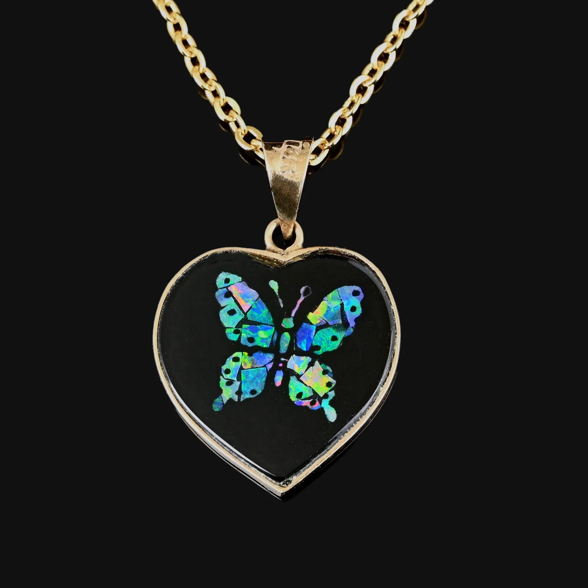 Vintage Black Onyx Heart Opal Butterfly Pendant in 14K Gold