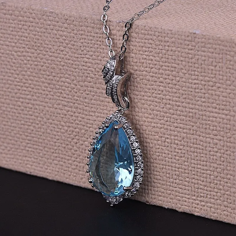 Water Drop Shaped Aquamarine Pendant Necklace - 925 Sterling Silver