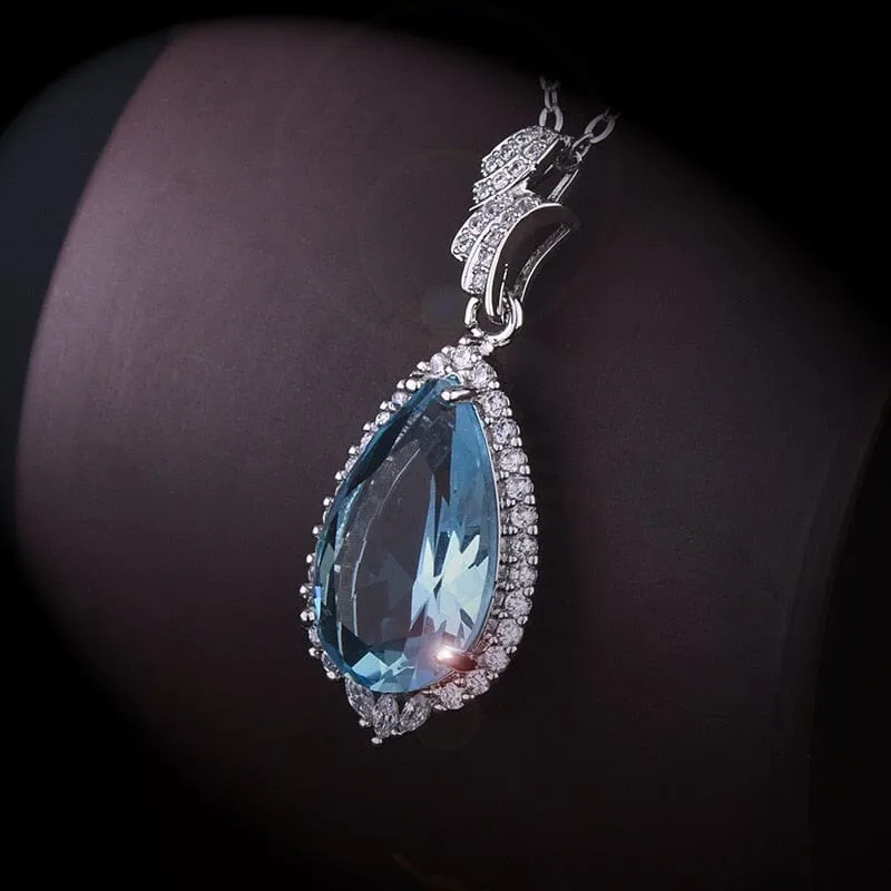 Water Drop Shaped Aquamarine Pendant Necklace - 925 Sterling Silver