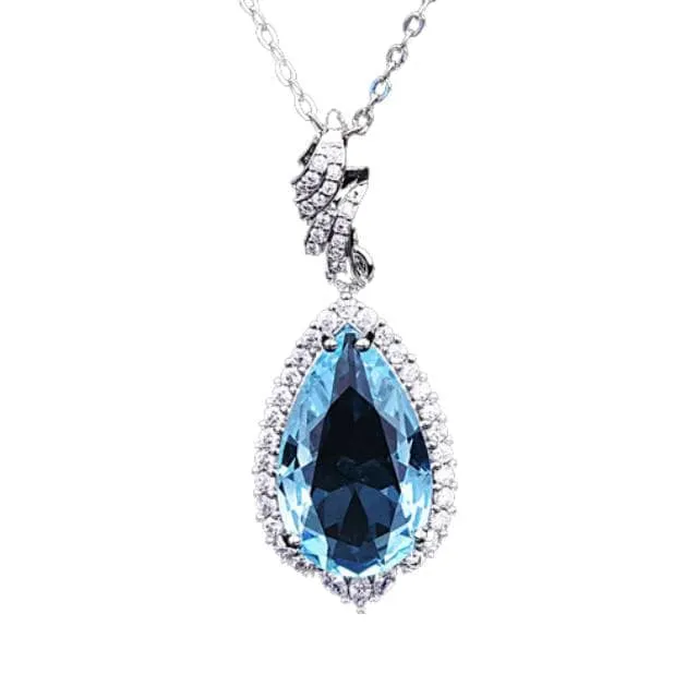 Water Drop Shaped Aquamarine Pendant Necklace - 925 Sterling Silver