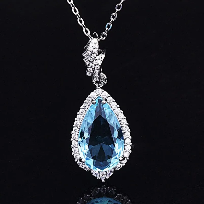 Water Drop Shaped Aquamarine Pendant Necklace - 925 Sterling Silver