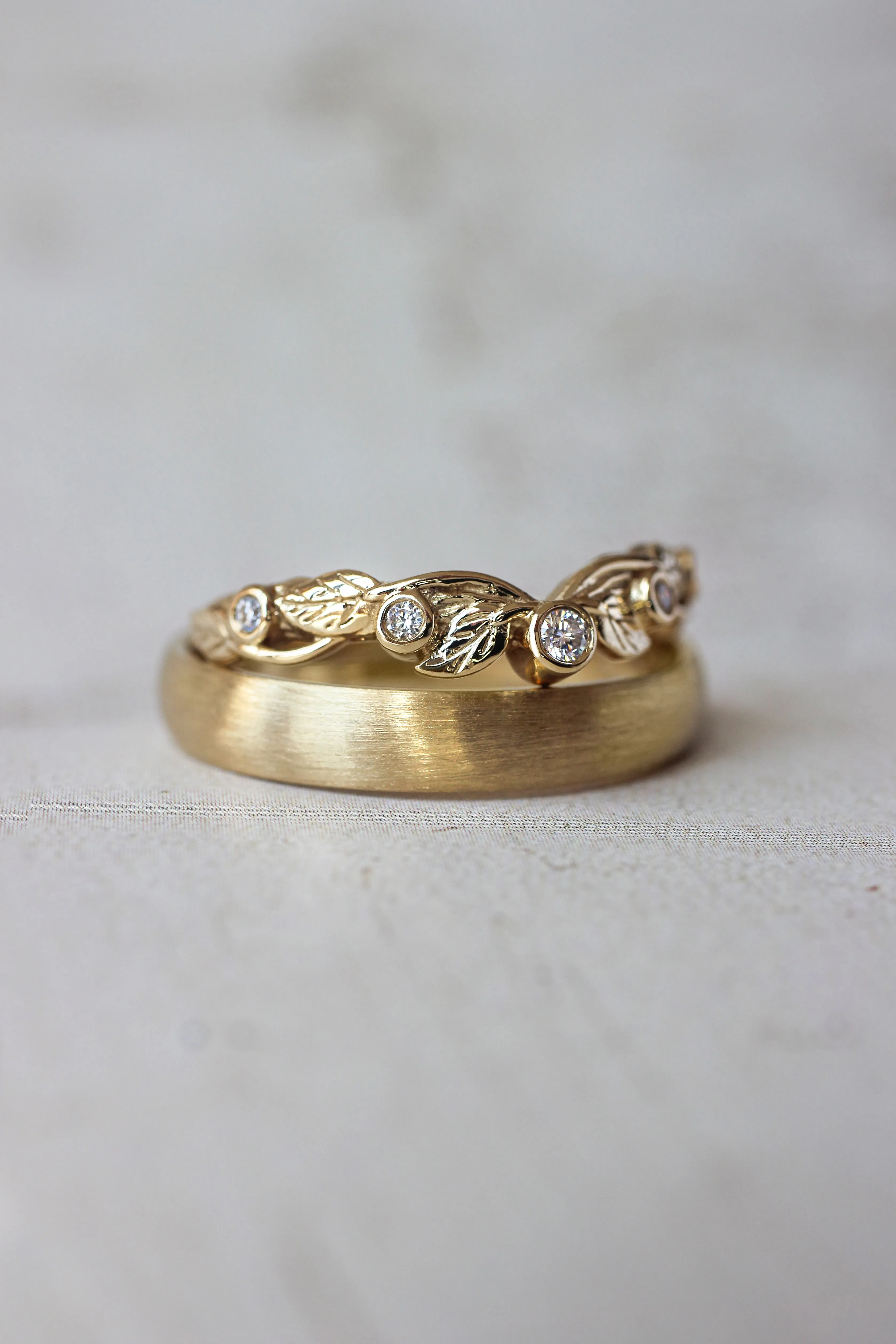 Wedding bands set for couple: satin band for him, wreath ring for her