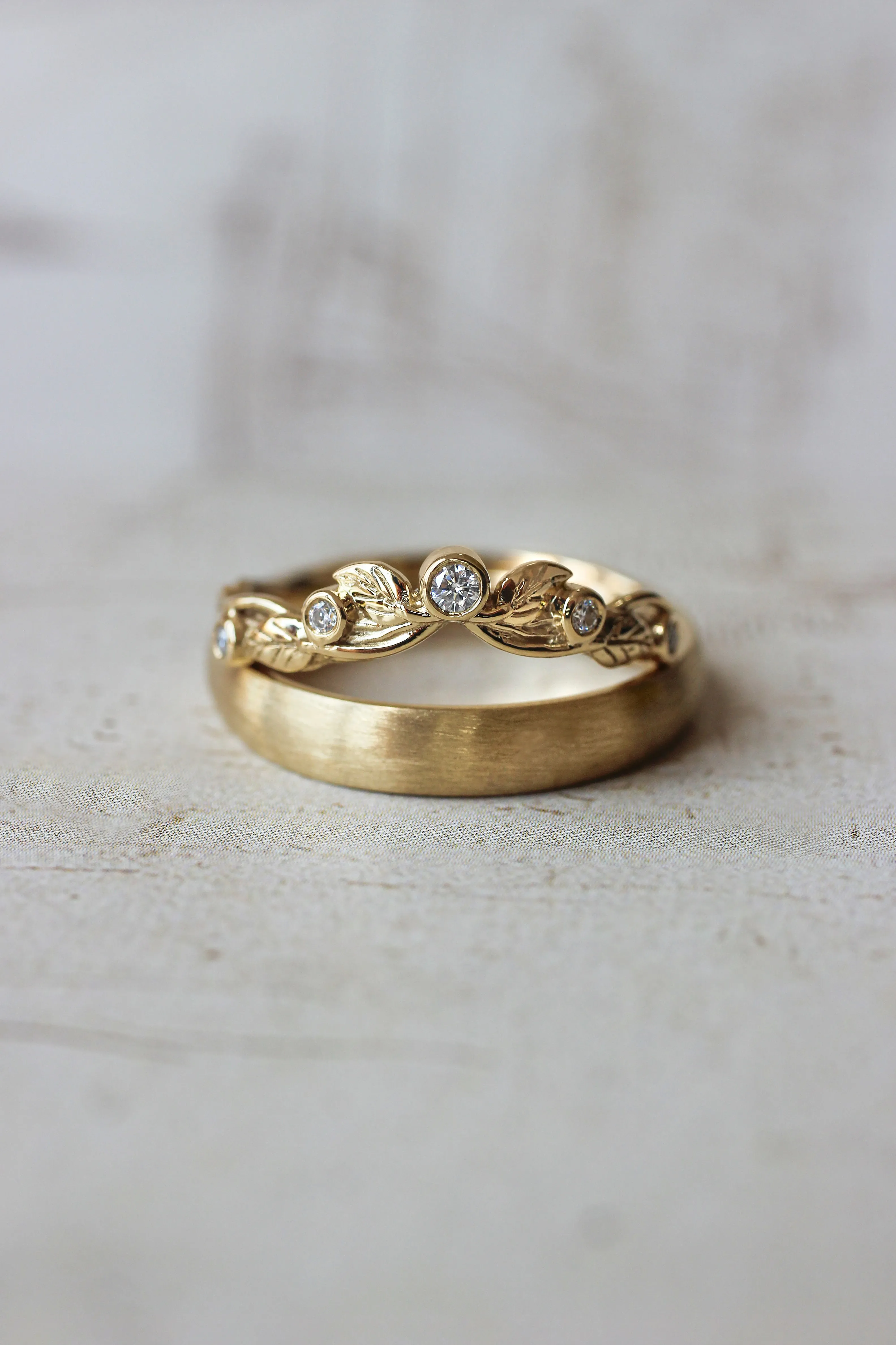 Wedding bands set for couple: satin band for him, wreath ring for her