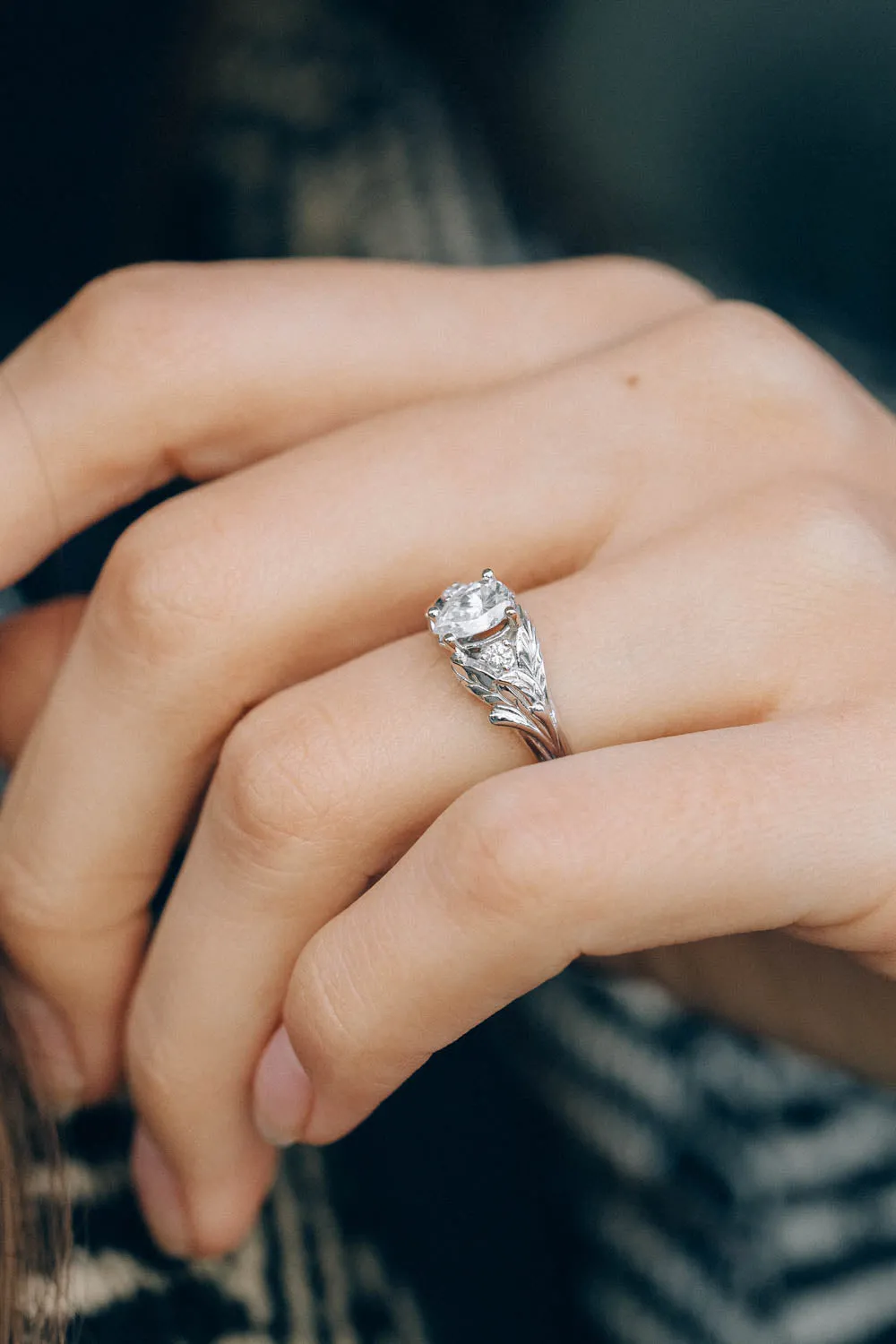 White gold leaf engagement ring with pear cut lab grown diamond and accent diamonds / Wisteria