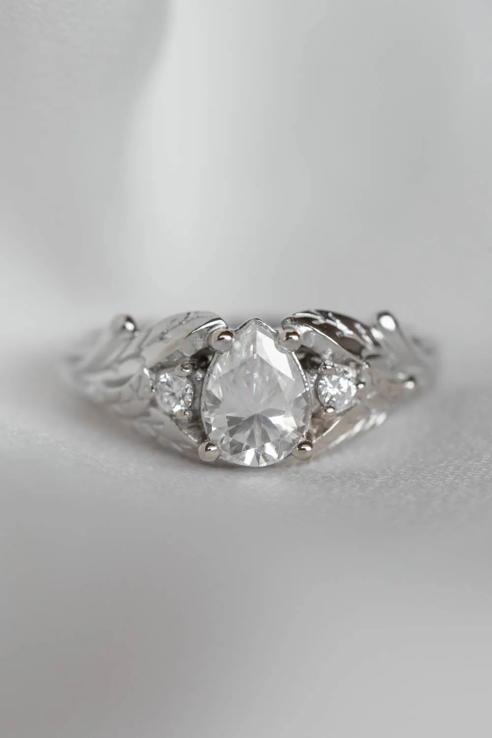 White gold leaf engagement ring with pear cut lab grown diamond and accent diamonds / Wisteria