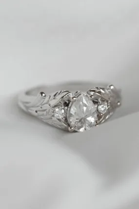 White gold leaf engagement ring with pear cut lab grown diamond and accent diamonds / Wisteria