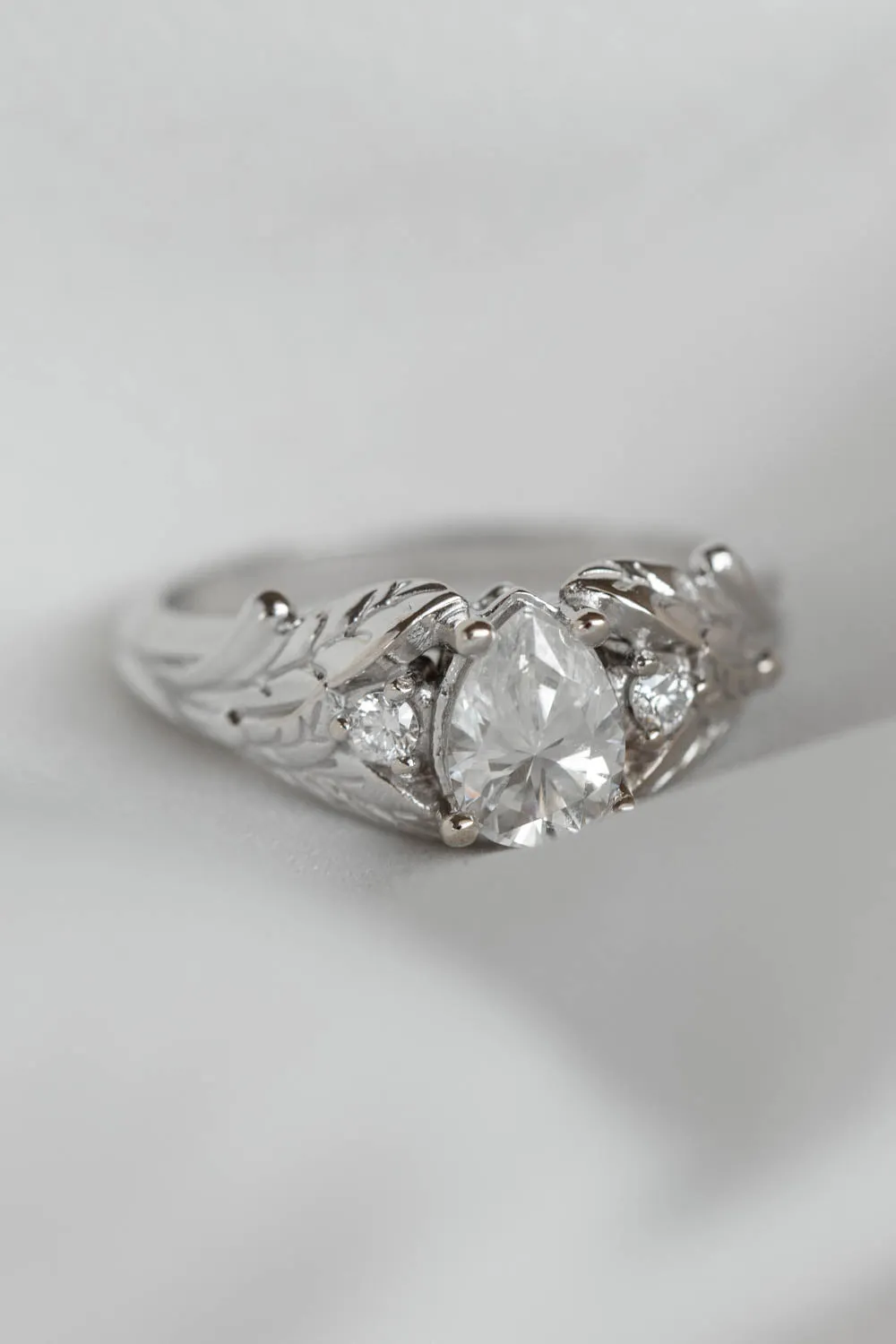 White gold leaf engagement ring with pear cut lab grown diamond and accent diamonds / Wisteria