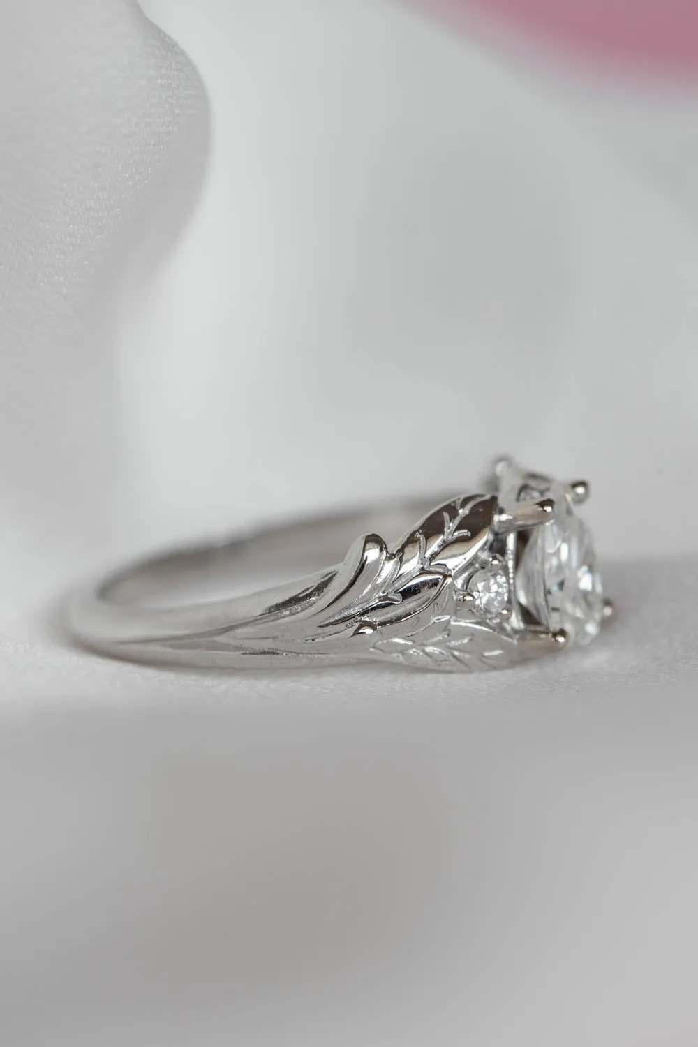 White gold leaf engagement ring with pear cut lab grown diamond and accent diamonds / Wisteria