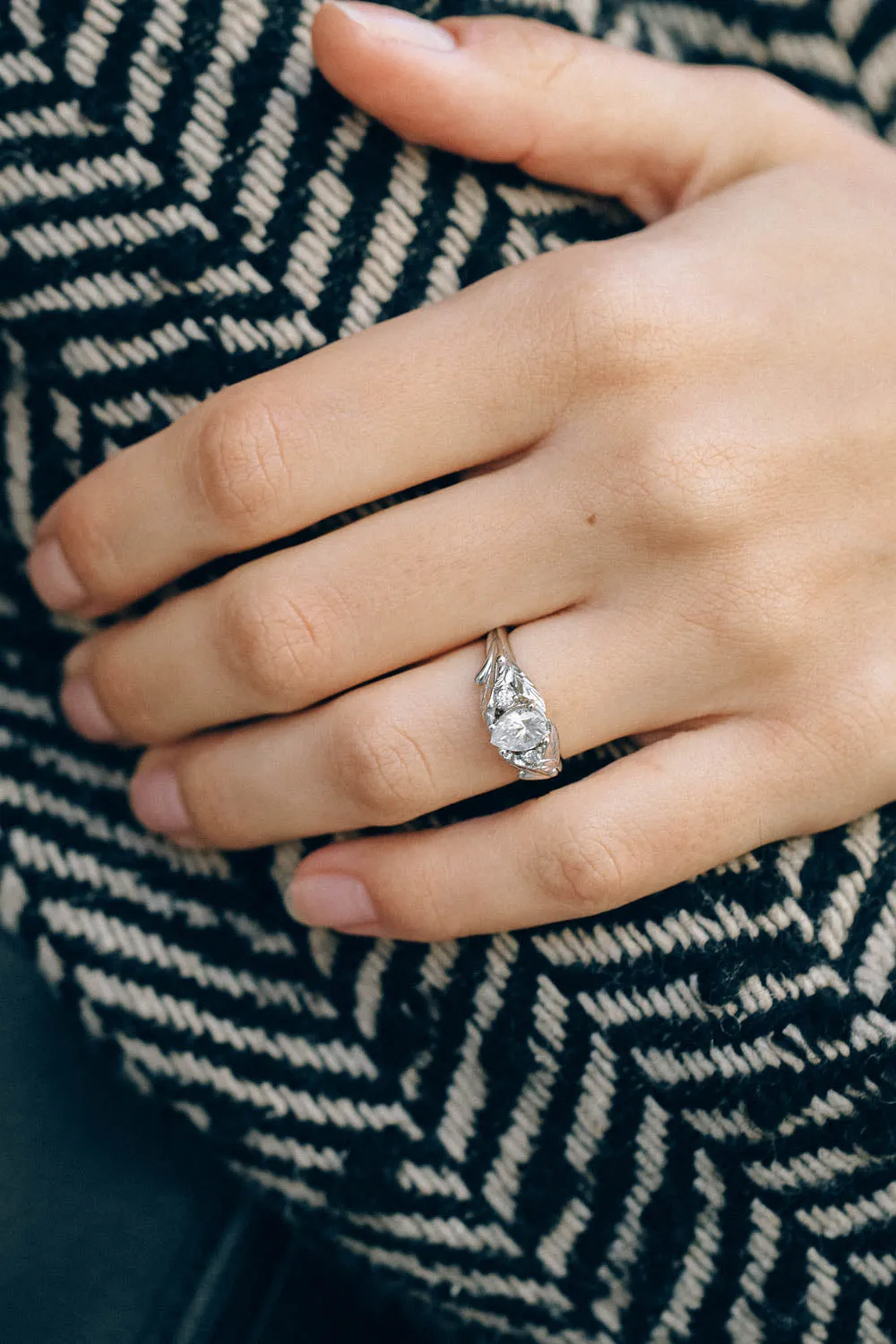 White gold leaf engagement ring with pear cut lab grown diamond and accent diamonds / Wisteria