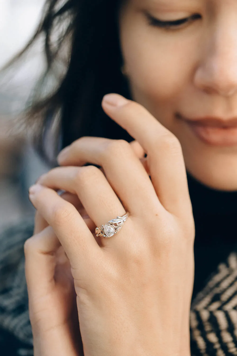 White sapphire nature inspired gold leaf engagement ring / Wisteria