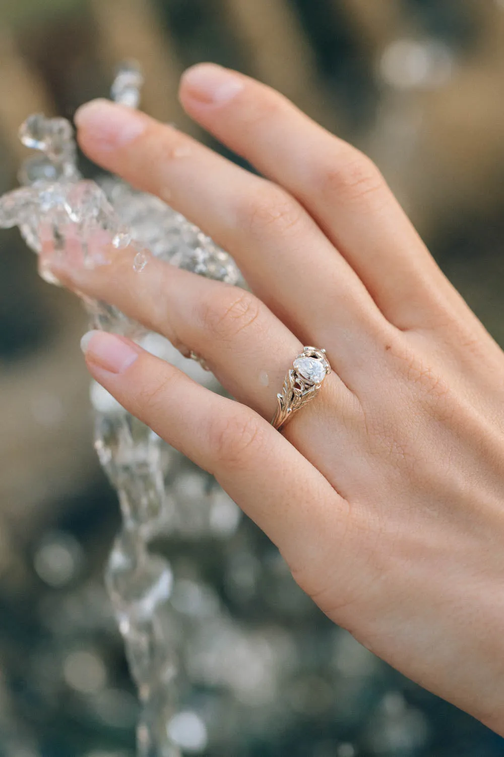 White sapphire nature inspired gold leaf engagement ring / Wisteria